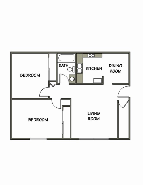 Floor plan for 2 beds, 1 bath, 900 sqft